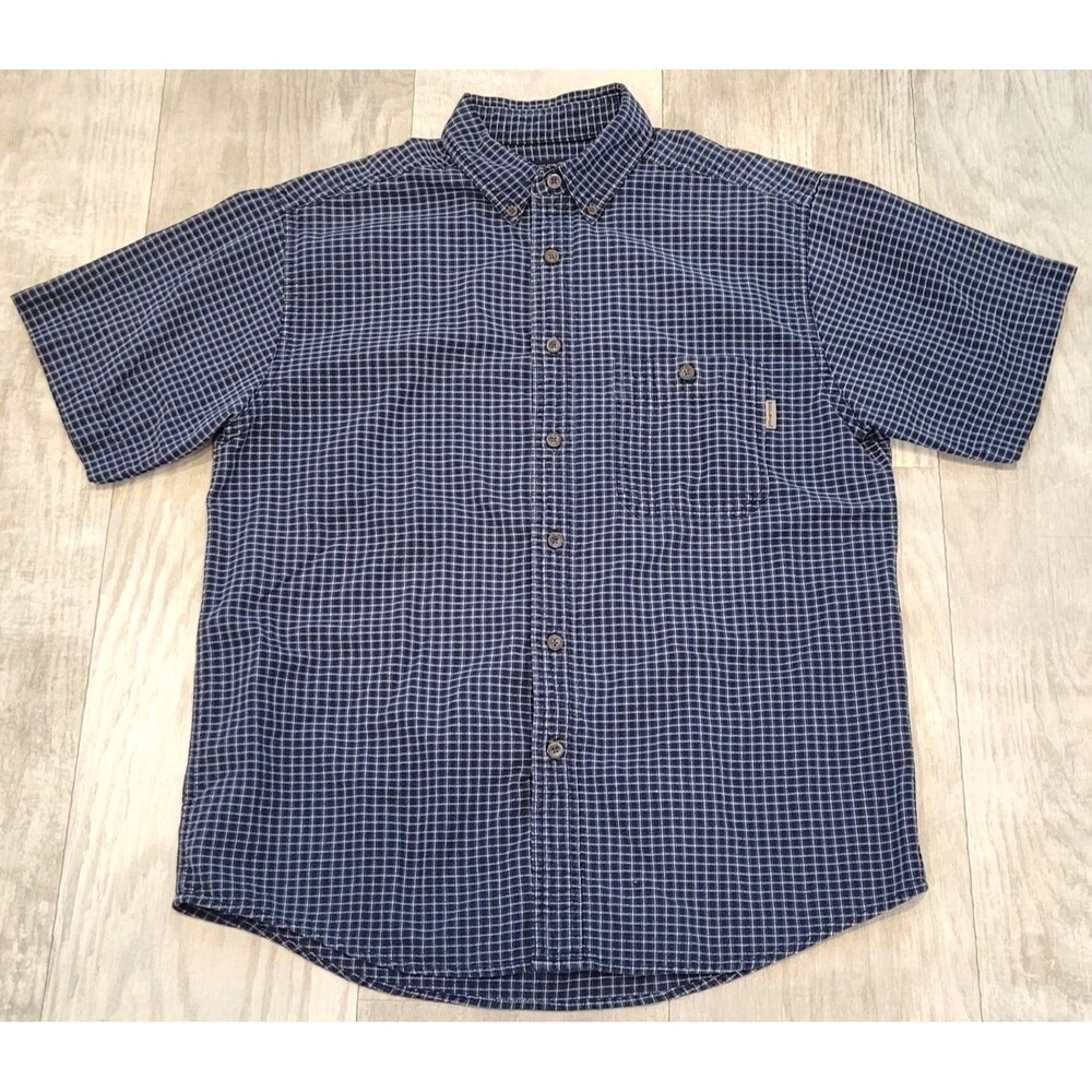 Woolrich Mens L Navy Blue Plaid Button Down Work Shirt Short Sleeve Outdoors
